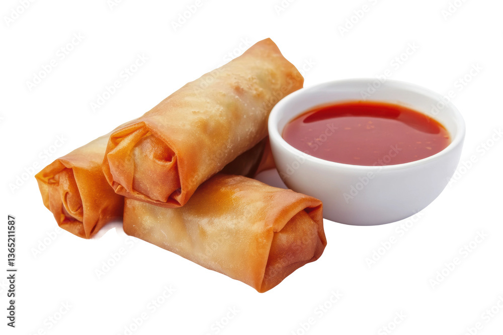 Crispy spring rolls with savory dipping sauce on white background, cut out Crispy spring rolls with savory dipping sauce on white background, cut out