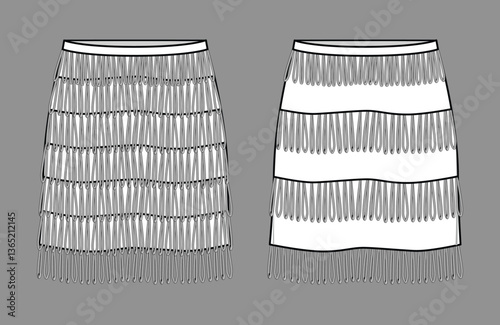 Vector mini skirt with tassels detail fashion CAD, woman skirt with fringe trim technical drawing, sketch, template, flat. Jersey or suede fabric 2 pieces set skirt with front, back view, white color