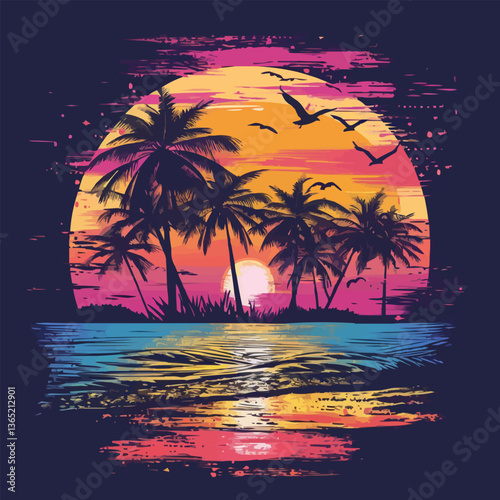Tropical sunset with palm trees and birds silhouette.