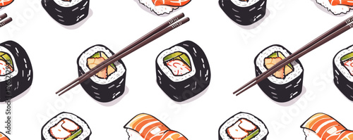 Hand-drawn sushi pattern with salmon nigiri and maki rolls on white background.