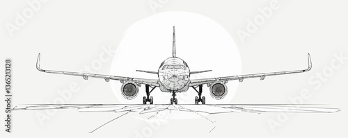 Detailed sketch of front view airplane with outstretched wings on runway.