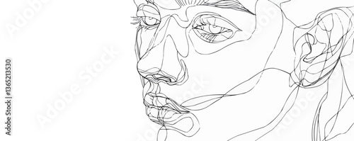 Abstract line drawing of female face with bold expressions.
