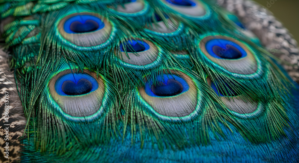 Fototapeta premium Elegant Peacock Feather Display: Captivating iridescent plumage and patterns