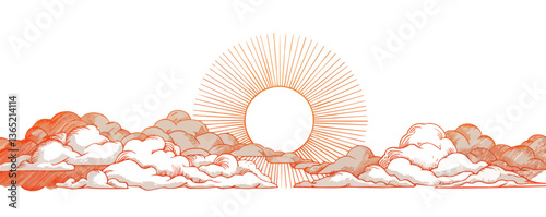 Illustration of sun rising over blue clouds with radiating light rays.