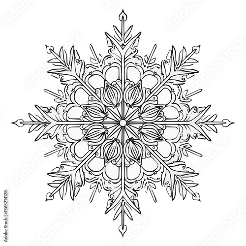 Intricate snowflake design with geometric patterns on white background.