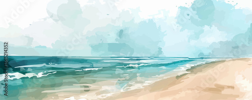 Coastal village scene with lighthouse, boats, and seaside cottages in watercolor style.