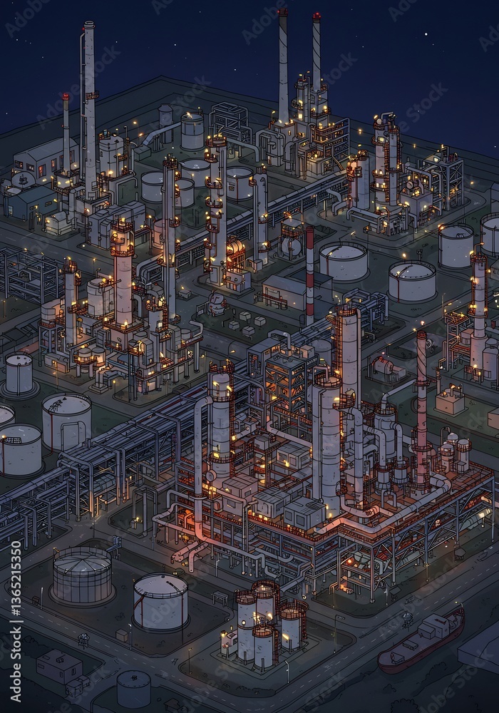 Fototapeta premium Nighttime industrial complex glows warmly under a dark sky isometric view. AI Generated