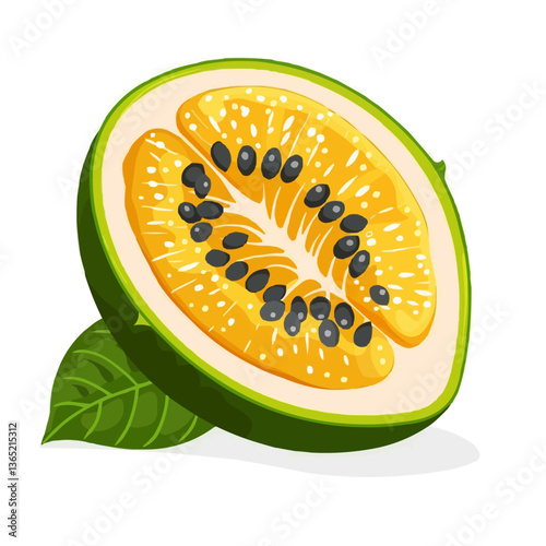 Sliced passion fruit illustration with yellow pulp and seeds.