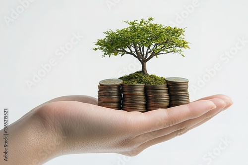 Close-up of hands holding coins with a growing tree on top, a business and financial background concept for online money growth and investment. Banner design template of a row of stacked coins