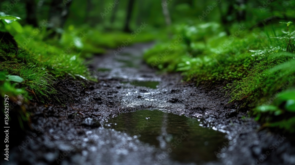 A narrow path through a lush, wet forest A narrow path through a lush, wet forest