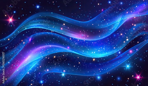 Abstract cosmic waves of vibrant light, swirling through a starry night sky photo