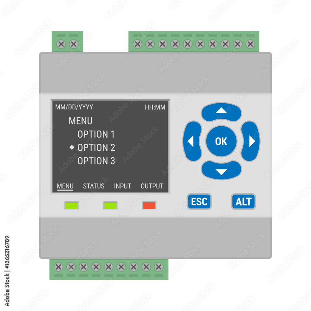 Programmable logic controller with a display, indicator lights and blue control buttons. Flat style vector illustration of a PLC controller isolated on a white background