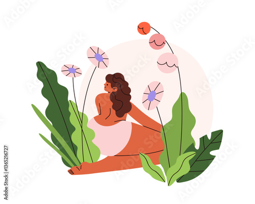 Woman body in flowers, plants. Female in unity, harmony with nature. Lady out...