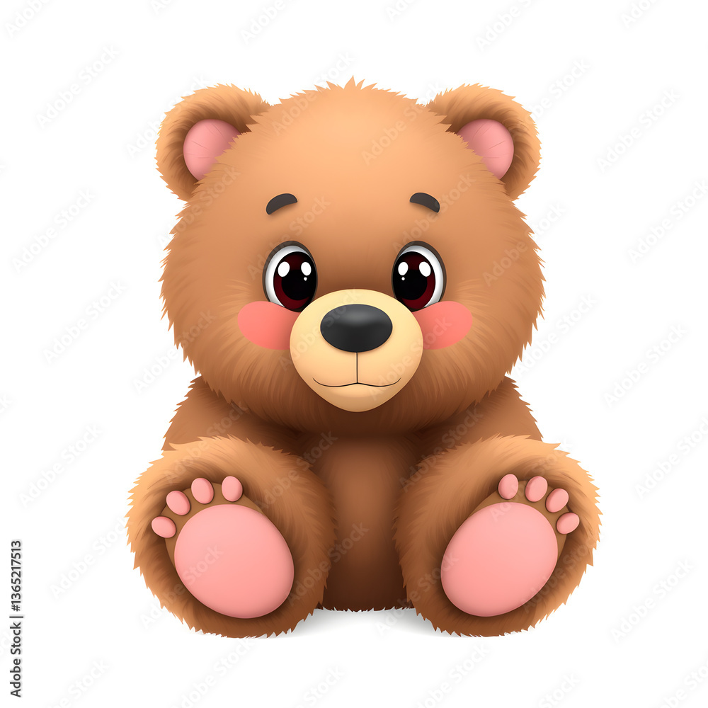 Obraz premium Grizzly Bear – 3D baby grizzly bear, fluffy round paws, soft thick fur, big cute eyes, pastel brown and pink tones, white background Generative AI