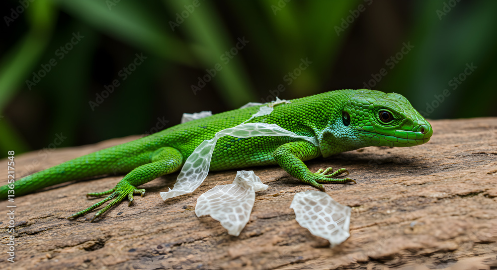 Green lizard shedding its skin in pieces revealing new vibrant scales closeup Green lizard shedding its skin in pieces revealing new vibrant scales closeup