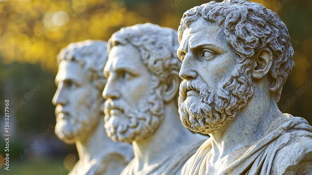 Statues of ancient philosophers in a park at sunset revealing intricate details of their expressions and features Statues of ancient philosophers in a park at sunset revealing intricate details of their expressions and features