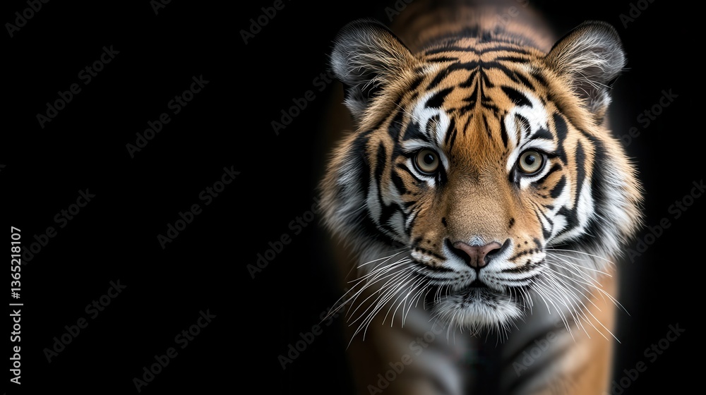 A stunning close-up of a tiger's face, showcasing its striking features and intense gaze, perfect for evoking feelings of power and grace in wildlife photography. A stunning close-up of a tiger's face, showcasing its striking features and intense gaze, perfect for evoking feelings of power and grace in wildlife photography.