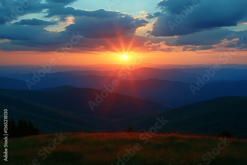 Stunning mountain landscape shows a beautiful sunset with dramatic colors