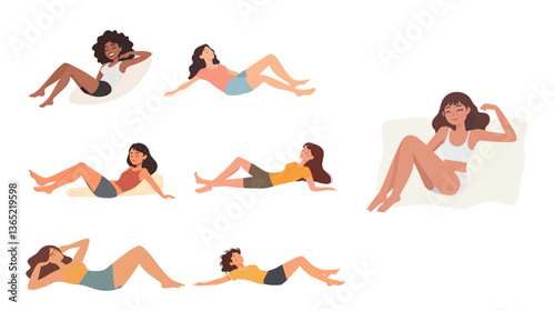 A barefoot female character relaxing, enjoying a calm and peaceful moment. This minimalist vector design features a serene female figure in a comfortable, laid-back pose, embodying tranquility 