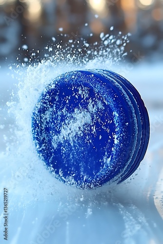 A blue object slides across a snowy and icy surface