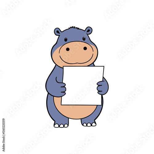 Happy Hippo Illustration Featuring a Blank Poster for Text and Educational Materials
