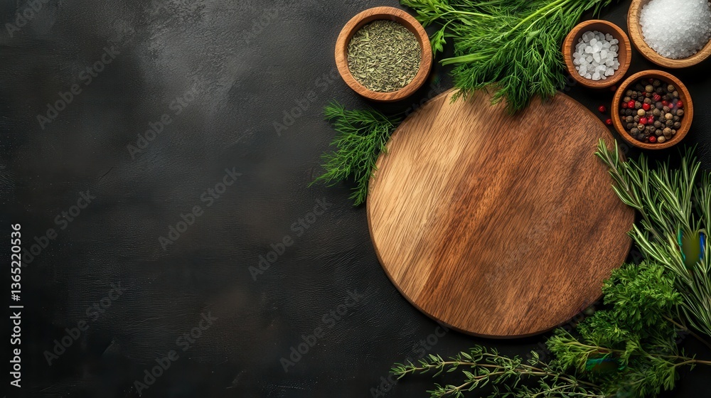A beautifully arranged display of assorted herbs and spices on a dark wooden surface, perfect for evoking culinary creativity and the art of cooking. A beautifully arranged display of assorted herbs and spices on a dark wooden surface, perfect for evoking culinary creativity and the art of cooking.
