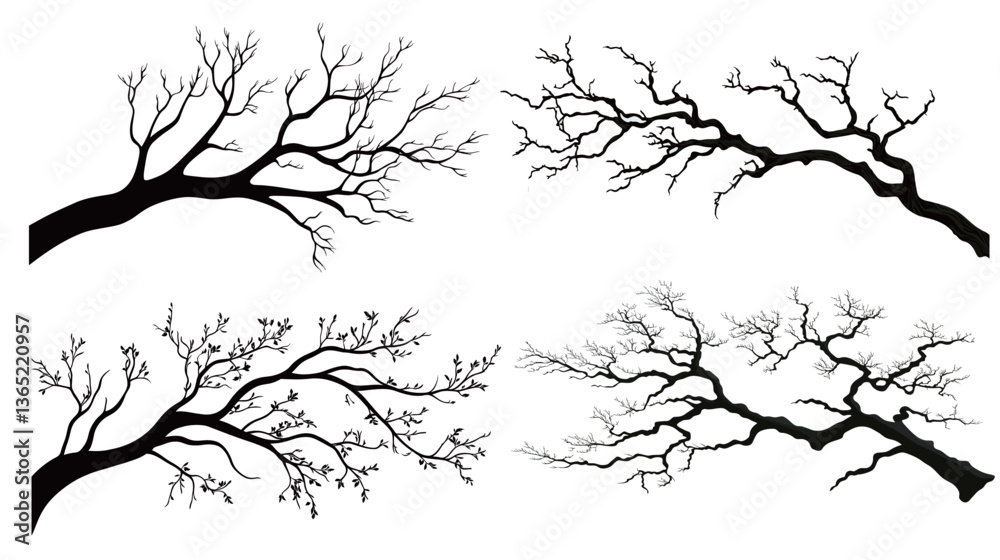 Fototapeta premium Tree branch silhouettes vector design, featuring intricate and naturalistic patterns. The design showcases the elegant form of tree branches, ideal for nature-themed projects, environmental designs, 