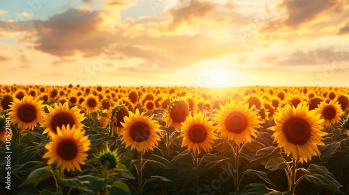 A breathtaking field of sunflowers bathed in golden sunlight. This vibrant scene captures the beauty of nature and its tranquility. Perfect for nature lovers. Generative AI