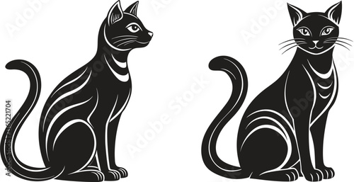 Elegant Black Cats: A pair of sleek, stylized black cats sit gracefully, showcasing their elegant profiles and captivating presence. Witness the refined artistry of feline forms.