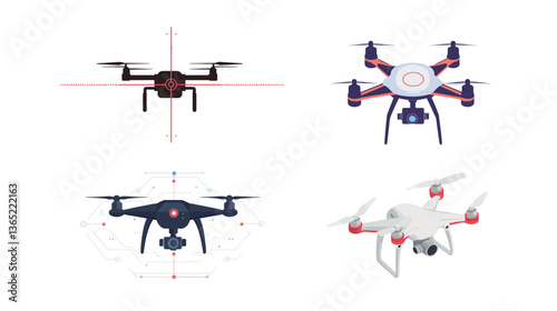 A vector graphic design illustrating drone object detection, featuring a sleek and modern style. The design shows a drone in action, scanning its surroundings with precision, ideal for technology, 