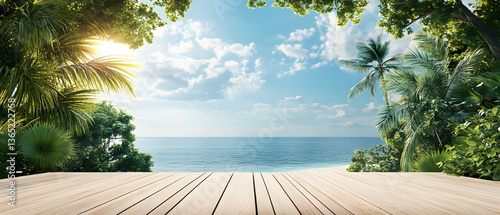 Fototapeta Naklejka Na Ścianę i Meble -  Panorama view on beautiful sunset and tropical beach. Relaxation and calmness beach holiday, resort or hotel. Summer vacation on tropical beach landscape	