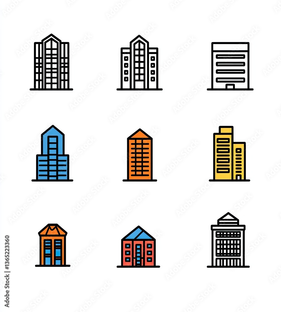 Collection of diverse building icons. Various architectural styles and colors are shown, from simple line drawings to more detailed depictions of skyscrapers and houses Collection of diverse building icons. Various architectural styles and colors are shown, from simple line drawings to more detailed depictions of skyscrapers and houses