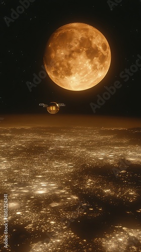 A spacecraft flies above a city illuminated beneath a giant moon