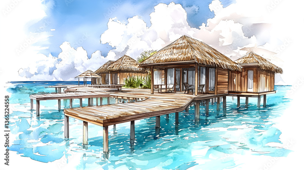 Fototapeta premium Luxurious Watercolor Maldives Overwater Bungalow
