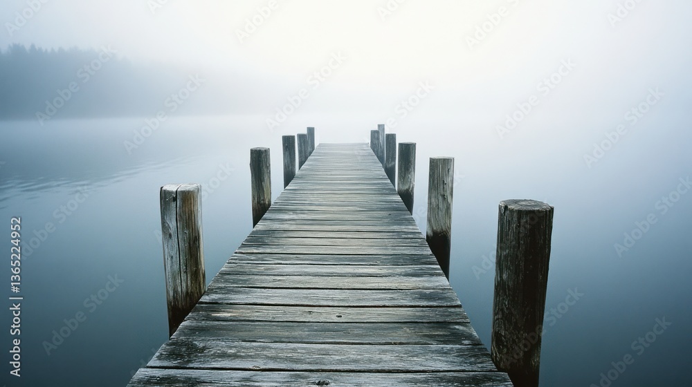 Obraz premium Misty morning wooden dock leading to horizon