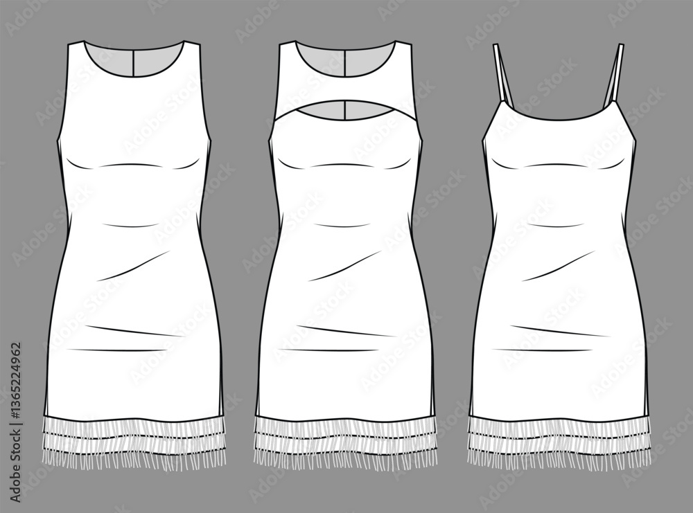 Vector mini dress fashion CAD, woman bodycon sleeveless dress technical drawing, slim fit strapless dress with fringe trim template, sketch, flat. Jersey  fabric dress, front, back view, white color