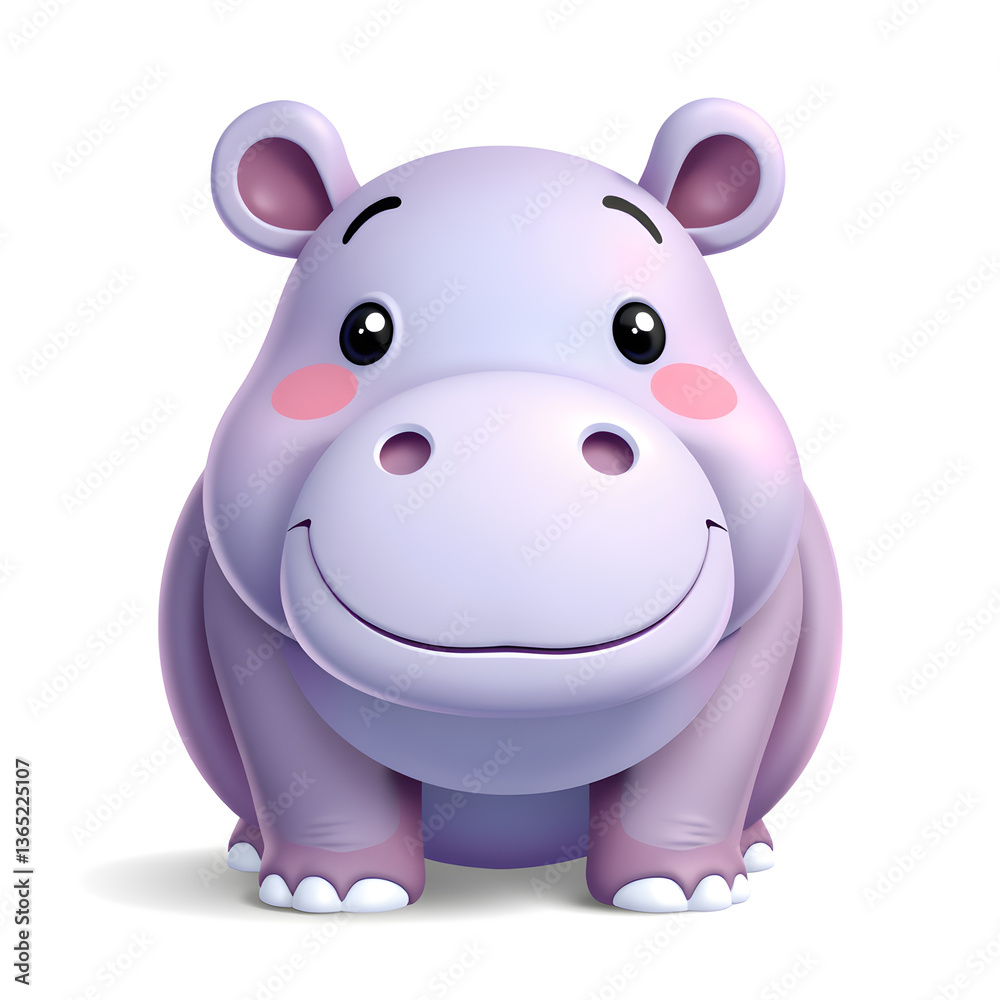 Hippo – 3D baby hippo, plump and round, tiny ears, big smile, pastel purple and blue tones, white background. Generative AI