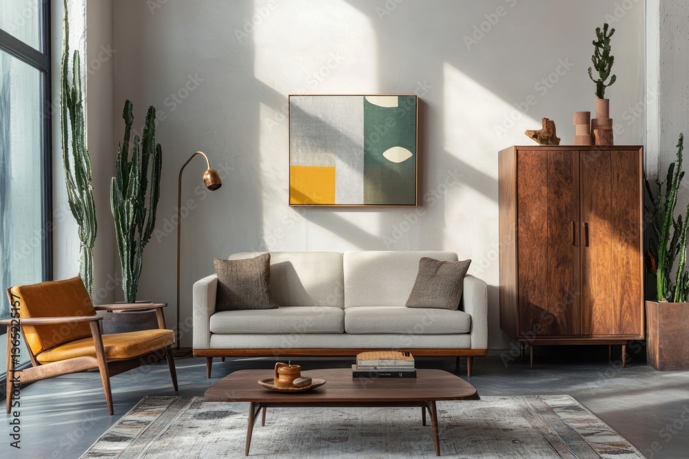 Fototapeta premium Mid-century modern lounge furniture plants chair.