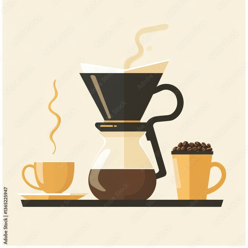 Obraz premium A contemporary flat design illustrates the process of brewing coffee with a pour over maker. Steam rises gracefully as coffee beans rest nearby perfect for youth interested in this engaging hobby