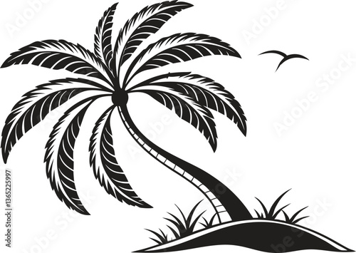 Tropical Paradise Silhouette: A stylized palm tree stands tall on a small island, with delicate fronds swaying gently in the breeze, capturing the essence of a tranquil tropical paradise.
