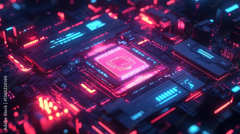 Obraz premium Neon Circuit Board with Central Processor