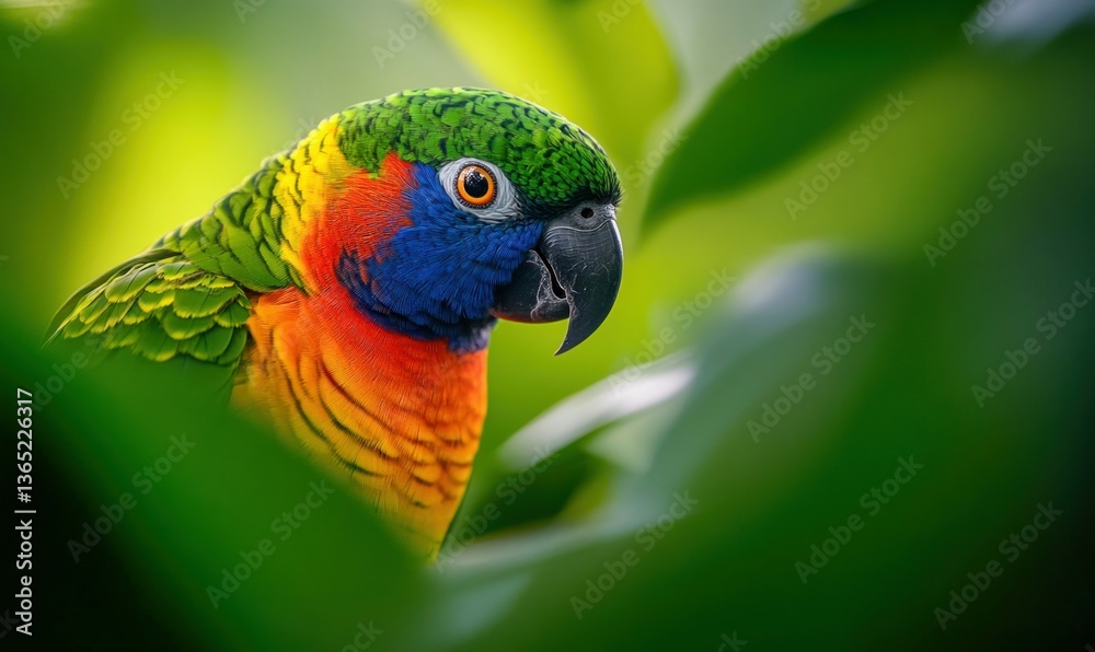 Naklejka premium A vibrant scaly-breasted lorikeet peers out from the lush green foliage in its habitat.