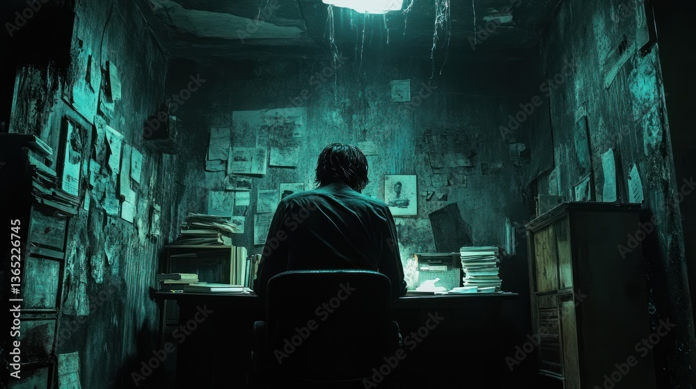 Obscure room, investigator working, mystery files, dimly lit office Obscure room, investigator working, mystery files, dimly lit office