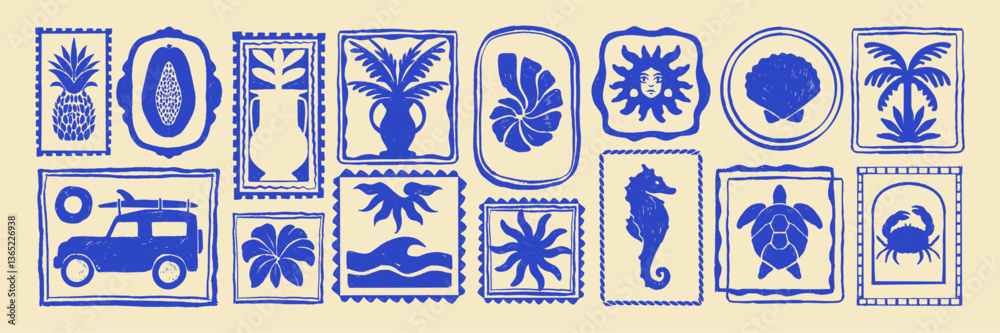 Summer tropical print set, vector hand drawn exotic surf vintage sticker, ocean Hawaii travel stamp. Vacation postcard design, sun symbol, palm tree, sea wave. Nautical logotype, summer print label