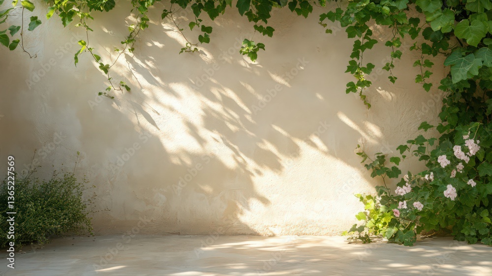 Sunlight Dappled Beige Wall with Climbing Plants Sunlight Dappled Beige Wall with Climbing Plants