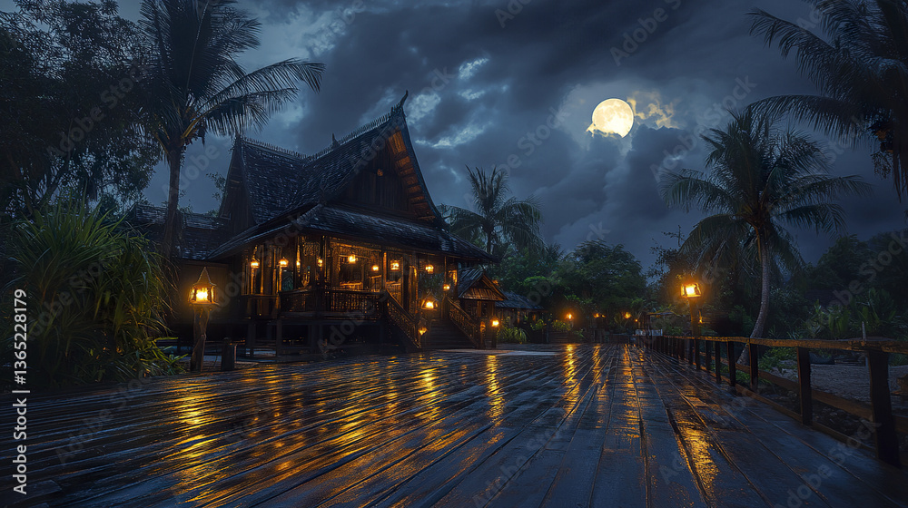 Obraz premium traditional Thai house under moonlight with warm lanterns glowing