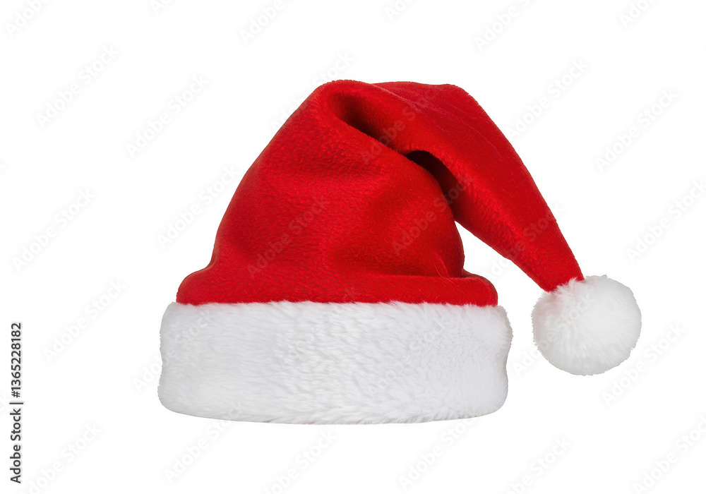 A plush red Santa hat with a soft fluffy white fur trim and a white pompom at the tip isolated on transparent background A plush red Santa hat with a soft fluffy white fur trim and a white pompom at the tip isolated on transparent background