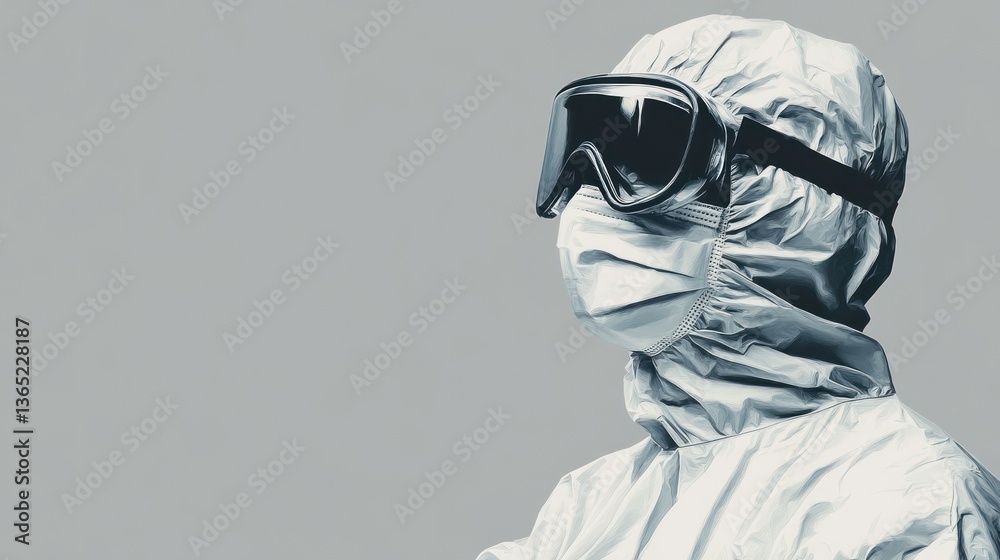 Protective suit worker profile view. Gray background, professional focus Protective suit worker profile view. Gray background, professional focus