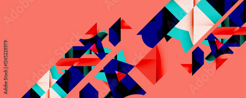 Abstract geometric artwork with interwoven angular and curved shapes, dynamic composition with smooth gradients and bold contrasts