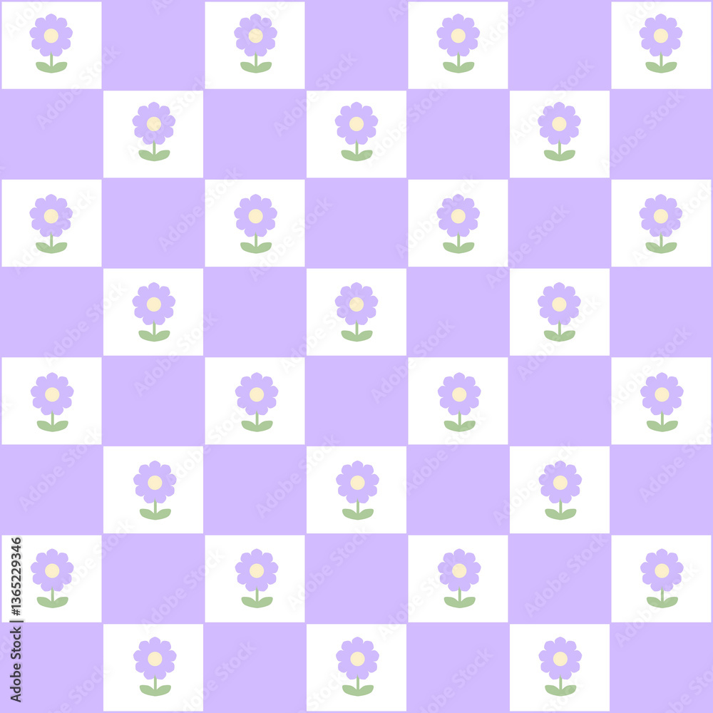 Abstract seamless pattern with flowers. Retro checkered purple background. Abstract seamless pattern with flowers. Retro checkered purple background.